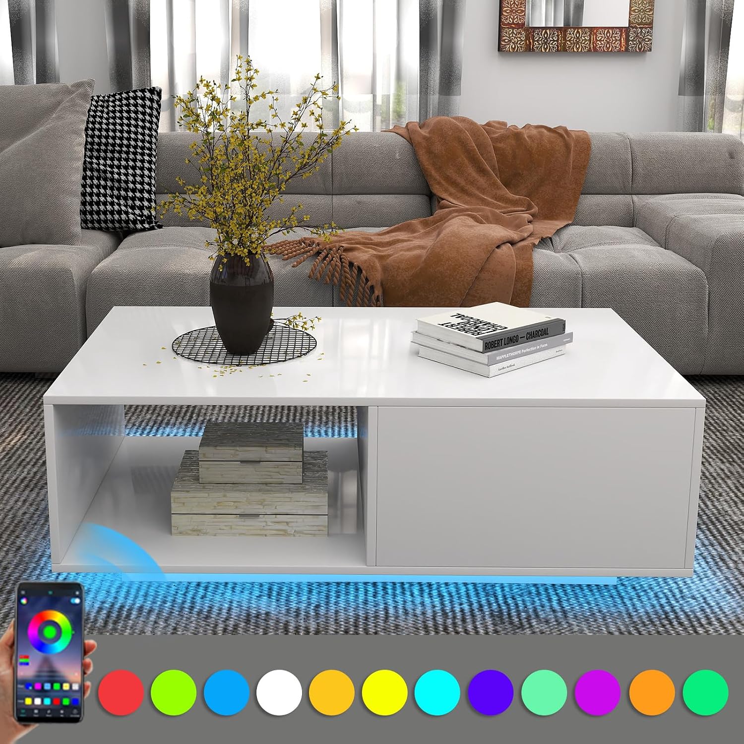 COSVALVE Modern White LED Coffee Tables for Living Room with Drawer & 16-Color LED Lights, Rectangle Living Room Sofa Table with Ample Storage Space(23.6' D x 43.3' W x 15.7' H)