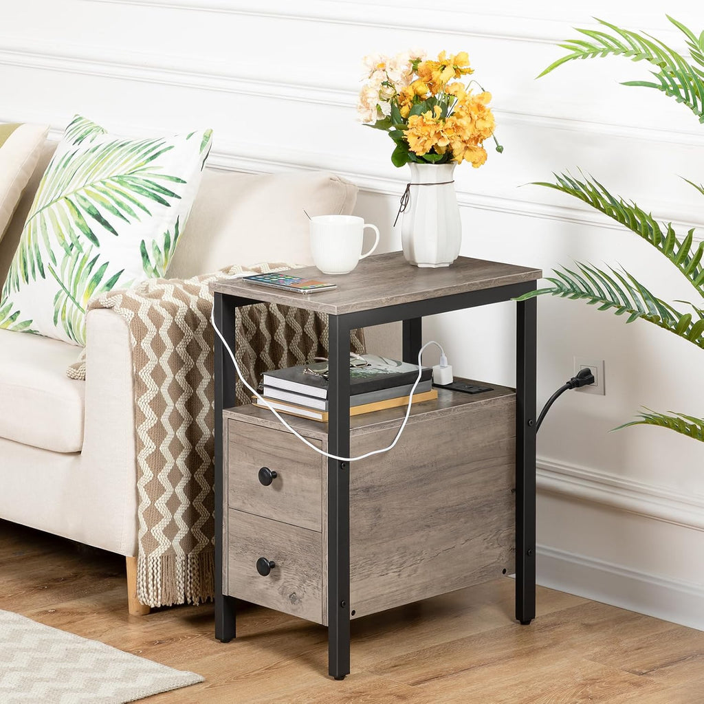 HOOBRO Set of 2 End Tables with Charging Station, Narrow Side Table with Drawers & USB Port & Power Outlets, Nightstand for Small Spaces, Living Room, Stable, Greige and Black BG541BZP201