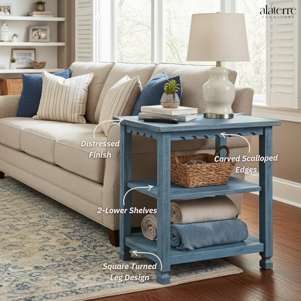 Alaterre Furniture Country Cottage Rustic Farmhouse Nightstand – 3-Tier Narrow End Table with Weathered Faded Finish, Carved Edges, & Turned Legs (Distressed Antique Blue)