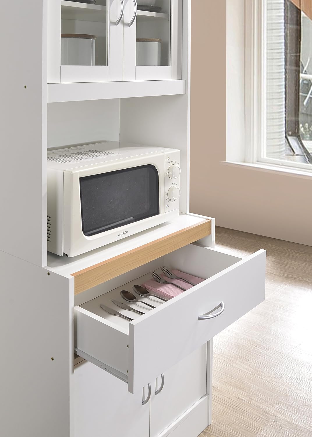Hodedah Long Standing Kitchen Cabinet with Top and Bottom Enclosed Cabinet Space, One Drawer, Large Open Space for Microwave, White