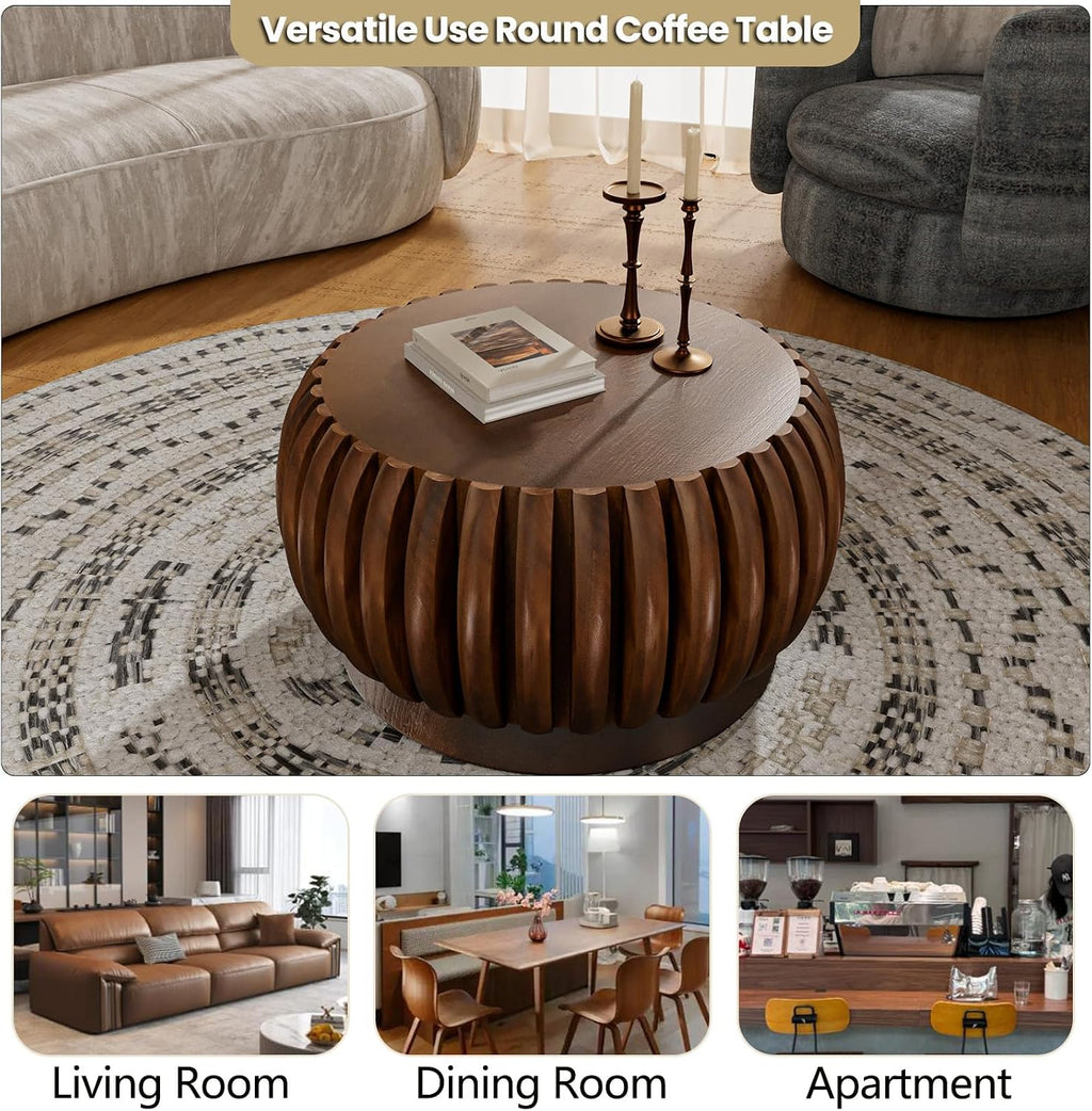 Modern Wood Fluted Round Coffee Table - Handcraft Drum Coffee Tables with Sturdy Base, Contemporary Style Small Circle Coffee Table Tea Table for Living Room,Office - Easy Assembly (Walnut 26.37')