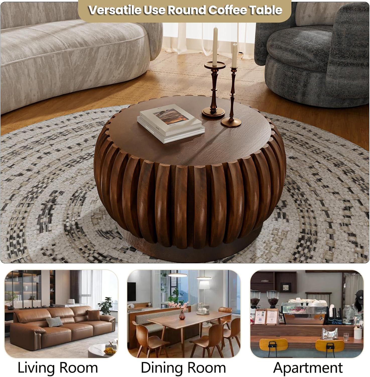 Modern Wood Fluted Round Coffee Table - Handcraft Drum Coffee Tables with Sturdy Base, Contemporary Style Small Circle Coffee Table Tea Table for Living Room,Office - Easy Assembly (Walnut 26.37')