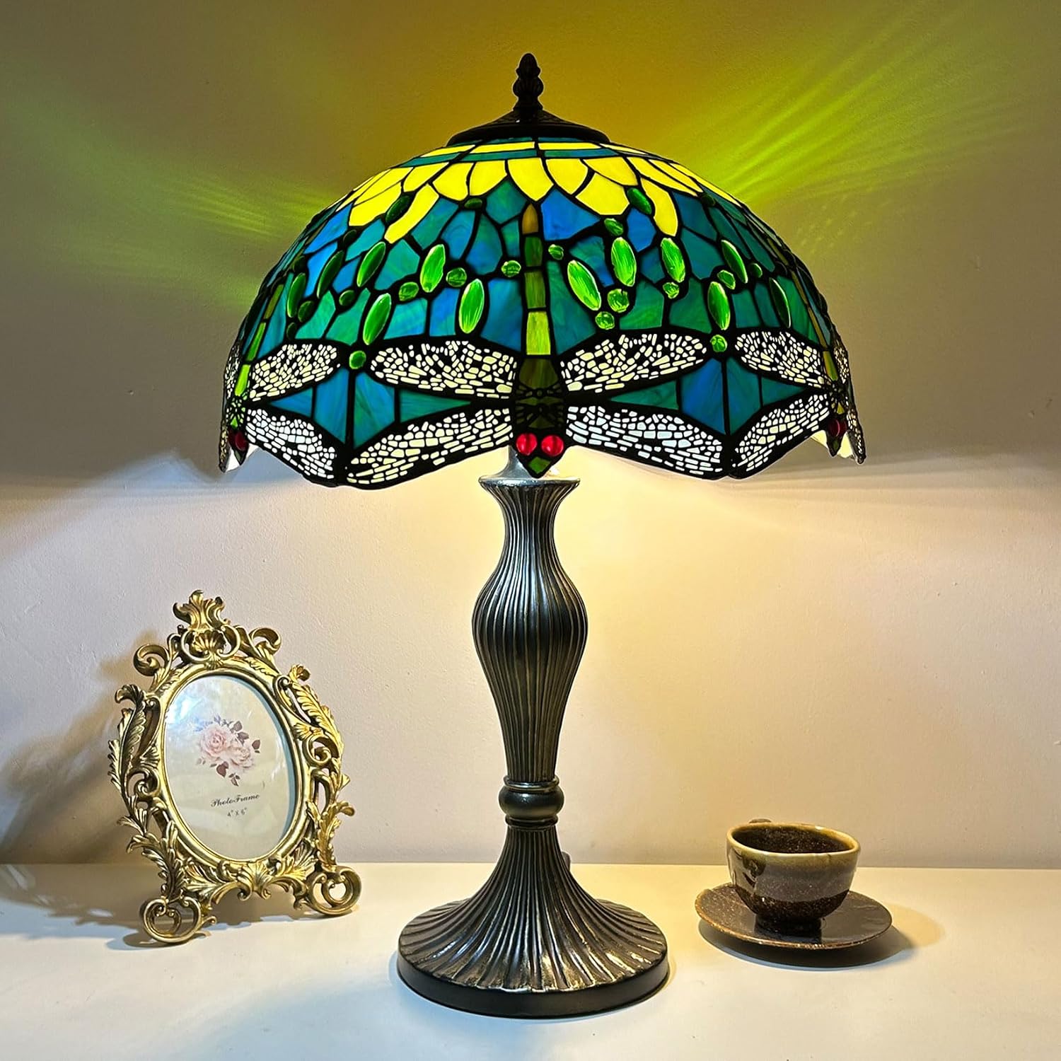 16-Inch Dragonfly Lampshade Replacement, Tiffany Style Stained Glass Lamp Shade Only for Table Lamps Pendant Lamps Floor Lights Ceiling Fixture,Green