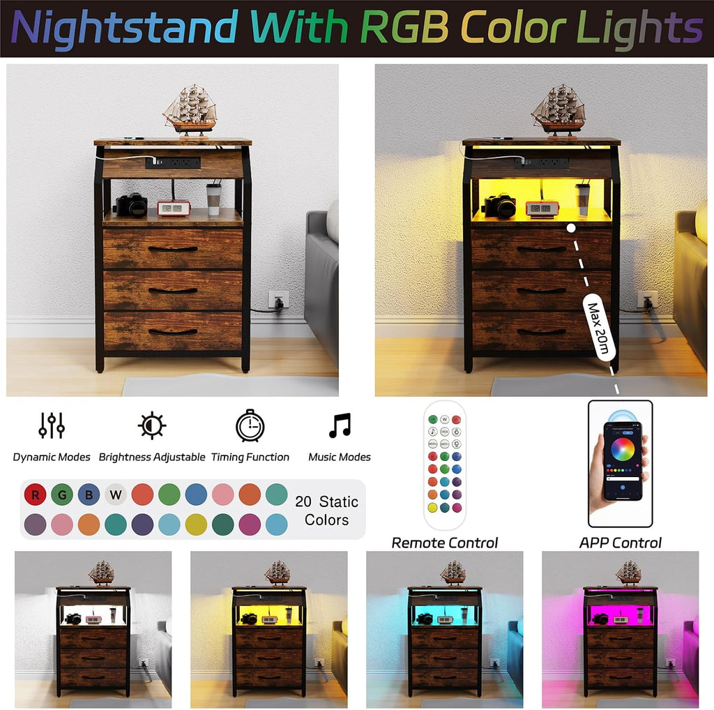 SZLHANJZ End Tables Set of 2, Nightstands with Charging Station and LED Lights, 3 Drawers Fabric Bedside Table, Storage Side Tables for Bedside, Living Room, Rustic Brown