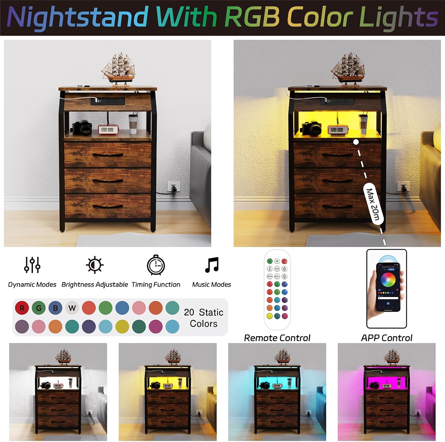 SZLHANJZ End Tables Set of 2, Nightstands with Charging Station and LED Lights, 3 Drawers Fabric Bedside Table, Storage Side Tables for Bedside, Living Room, Rustic Brown