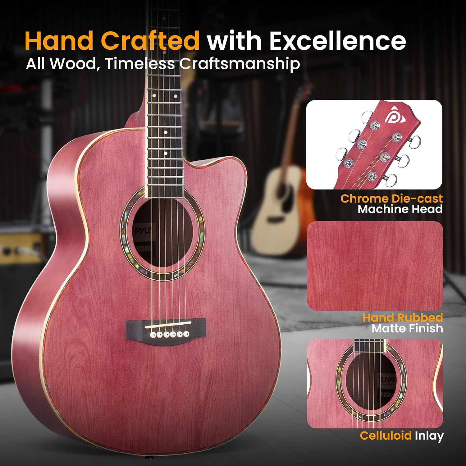 Pyle Acoustic Guitar Kit, 3/4 Junior Size All Wood Steel String Instrument for Beginner Kids, Adults, 36' Deep Ruby