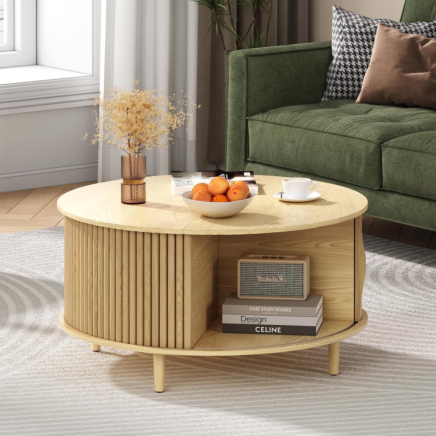 Round Coffee Table with Storage, 31.5' Mid Century Modern Coffee Table with Sliding Door & Solid Wood Legs, Minimalist Fluted Center Table for Living Room, Home Small Space, Oak
