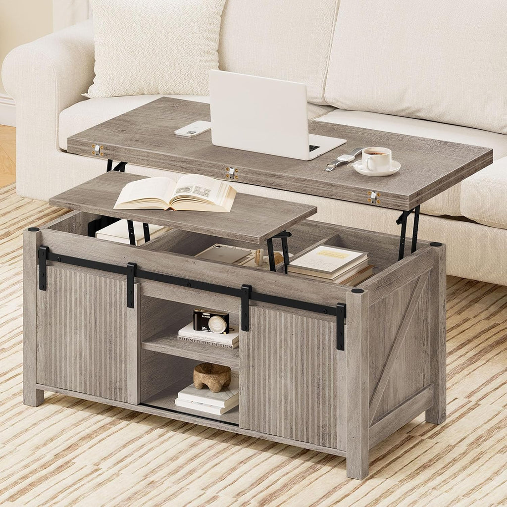 CHOEZON Lift Top Coffee Table, 4 in 1 Convertible Coffee Table, Farmhouse Coffee Tables, with Hidden Compartments, with Sliding Doors, for Living Room, Apartment, Greige MKF01FH