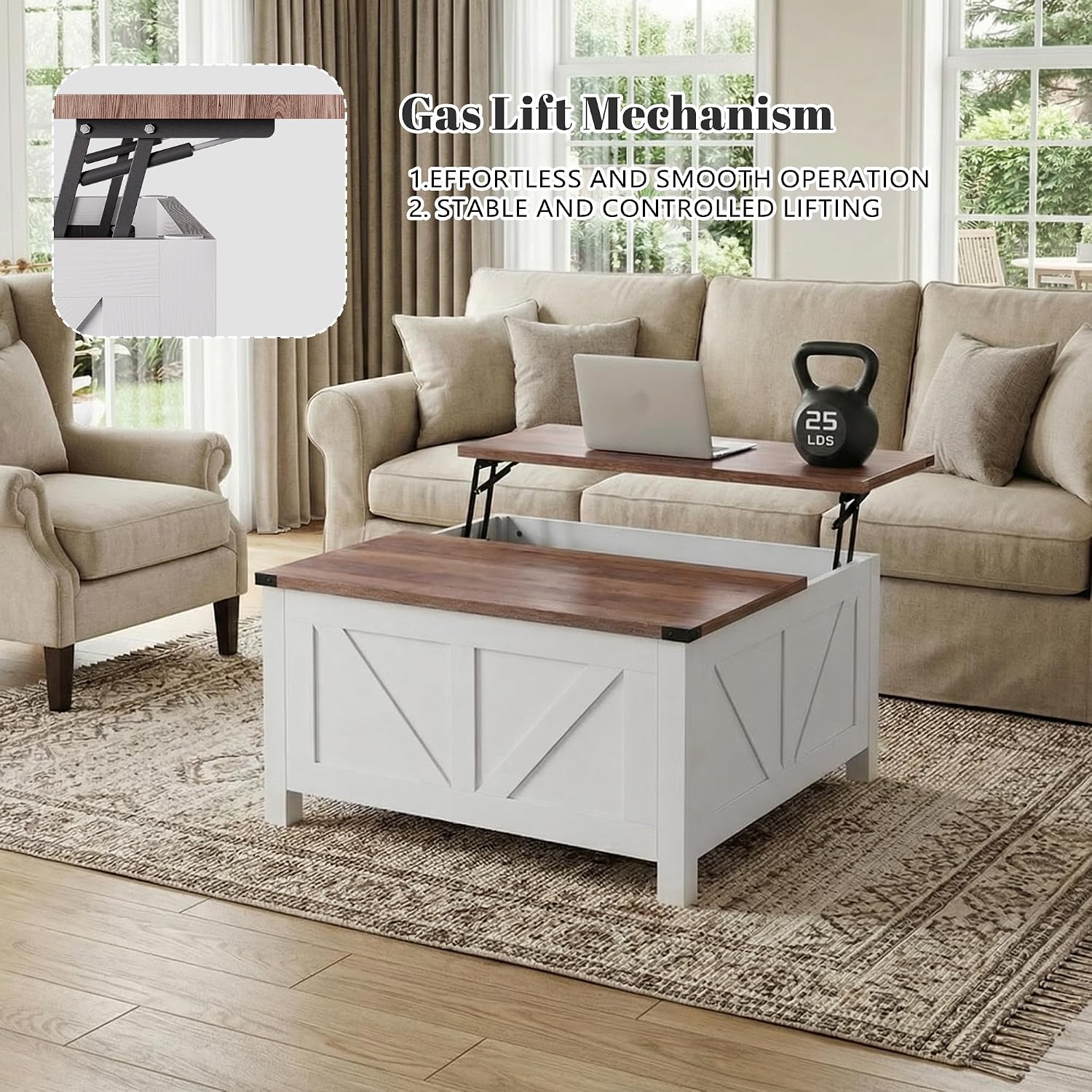 35' Farmhouse Coffee Table with Large Storage, Rustic Wood Lift Top Coffee Table for Living Room, Square Center Table with Charging Station&USB, Modern Port Pottery Barn Lift top Table