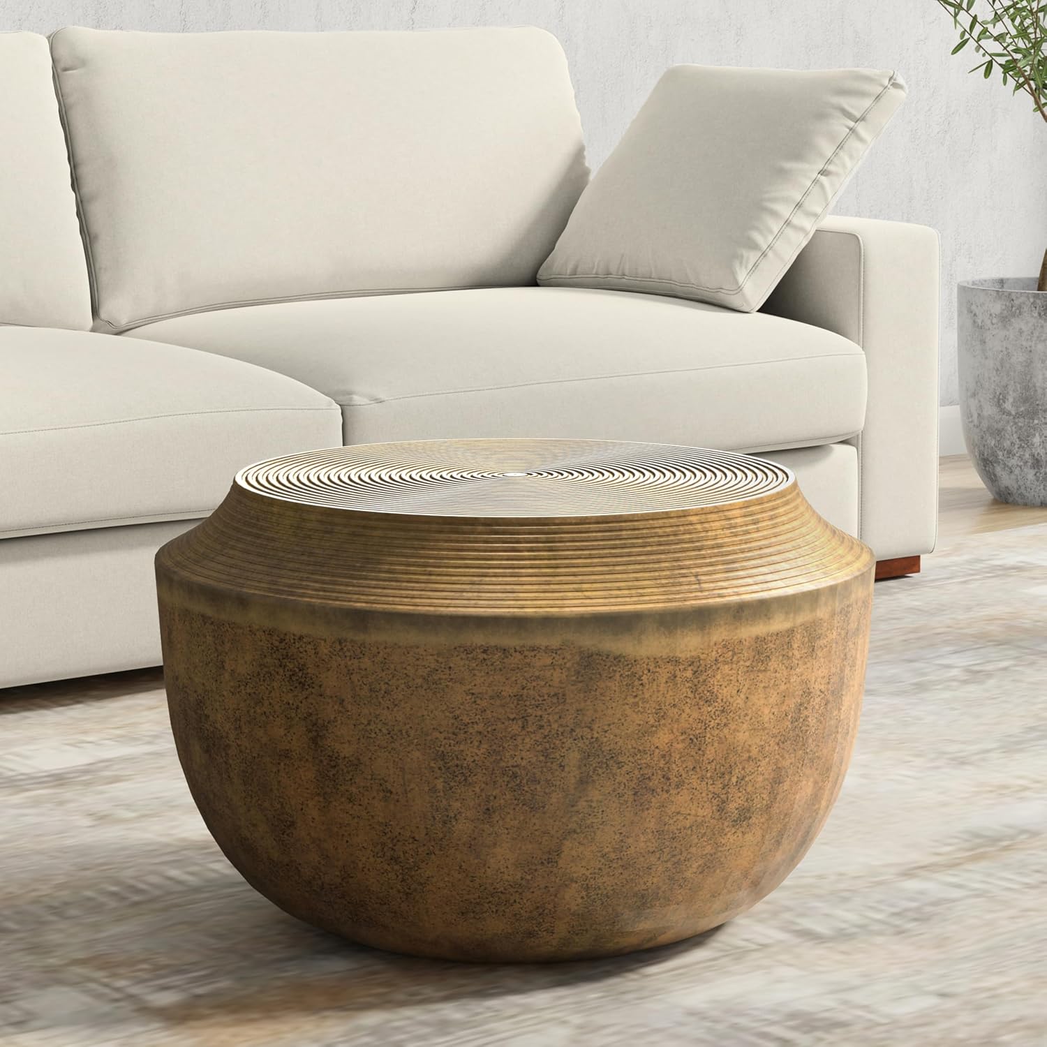SIMPLIHOME Timmons Coffee Table - 21 inch Wide Cast Aluminum Round Living Room Table in Antique Brass, Industrial Center Table for Compact Spaces with Sculptural Base and Raised Tabletop, Assembled
