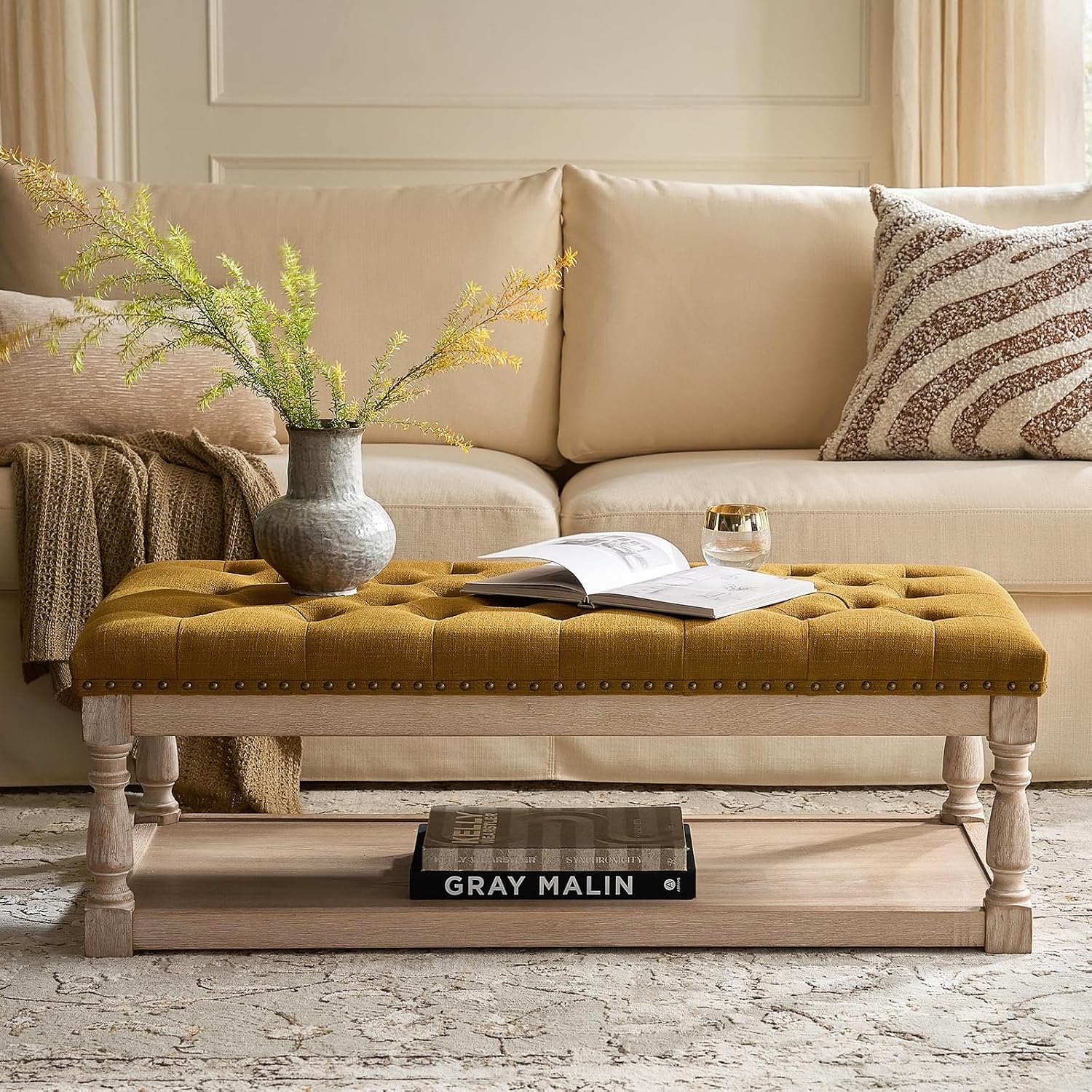 HULALA HOME Rectangle Ottoman Coffee Table with Tray, Tufted Living Room Ottoman with Solid Wood Storage Shelf, Golden