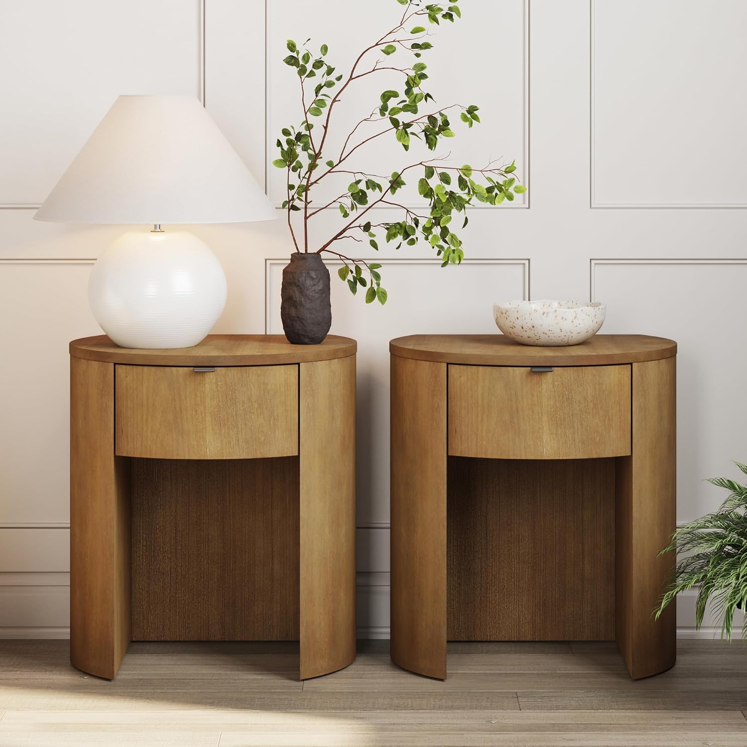 Nathan James Shay Solid Wood Nightstand, Modern Bedside Table with Drawer, Contemporary Rounded Nightstand Table for Bedroom, Light Brown Set of 2
