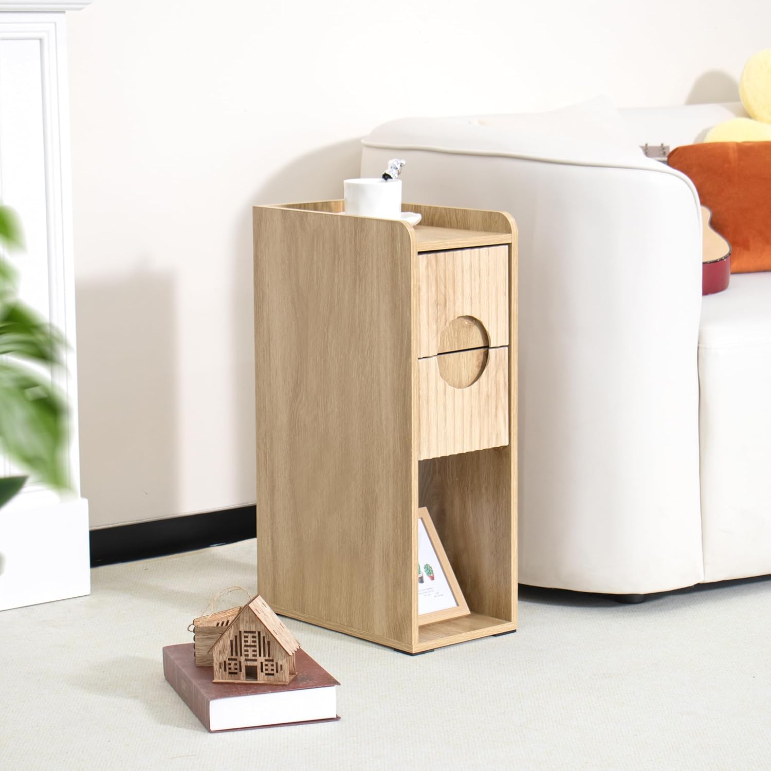 Small Fluted Nightstand Set of 2, Wood 2 Drawer Narrow Nightstand, Slim Side Table, Modern Boho End Bedside Table, Natural Wood Night Stand with Drawers for Bedroom, Living Room, Natural