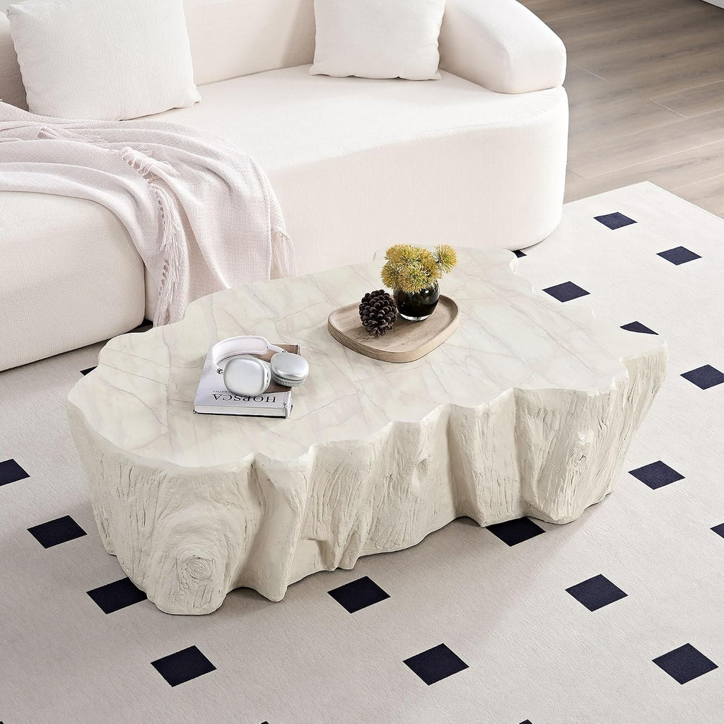 48.62' Coffee Table Modern Unique Shape Fiberglass Center Table for Living Room Apartment Office, No Need Assembly, Beige Tree Root Texture Pattern