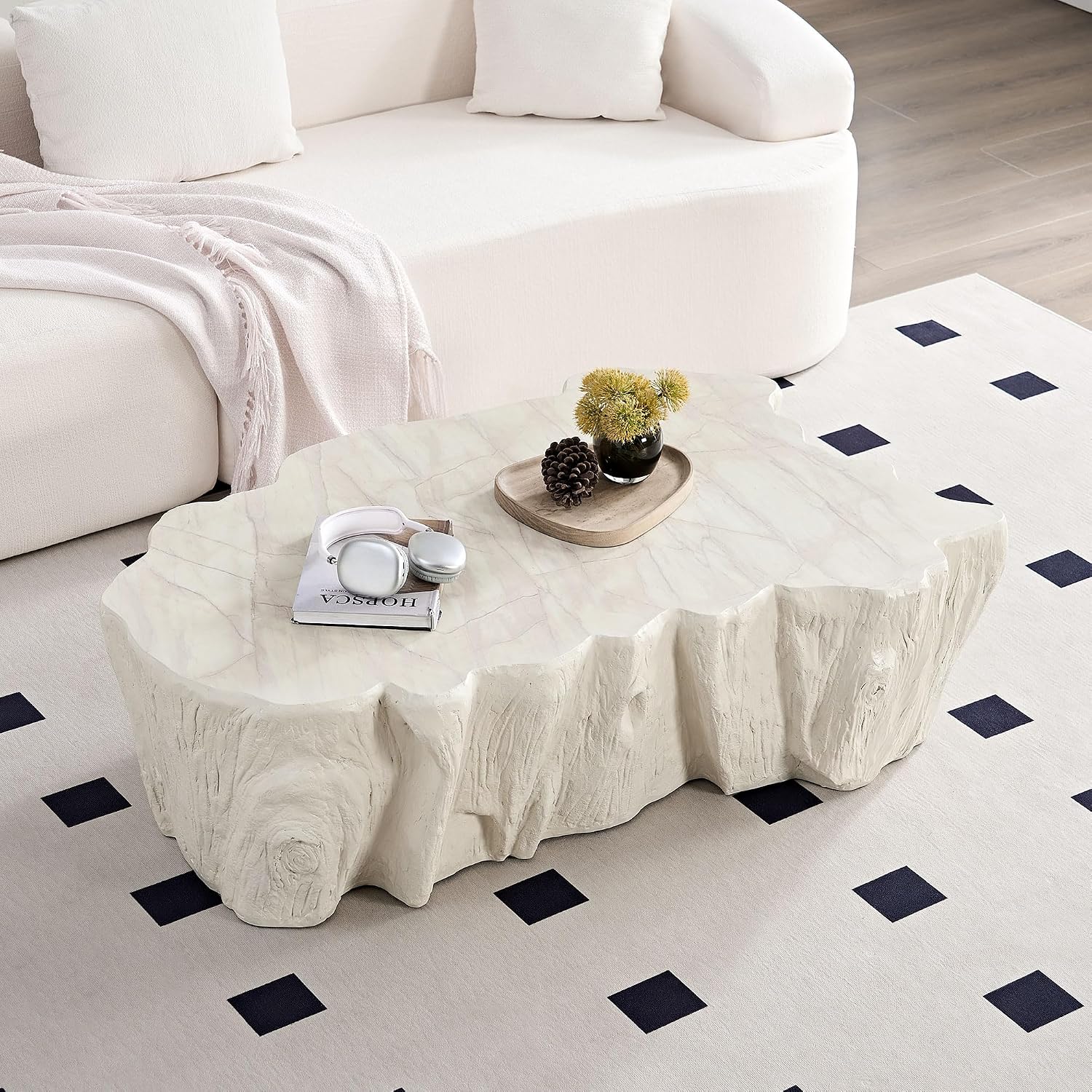 48.62' Coffee Table Modern Unique Shape Fiberglass Center Table for Living Room Apartment Office, No Need Assembly, Beige Tree Root Texture Pattern