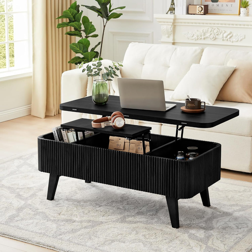 Fluted Lift Top Coffee Table, 3 in 1 Convertible Coffee Tables Converts to Dining Tables, Modern Oval Wooden Center Table with Storage for Living Room Office Small Space, Partial Assembly (Black)