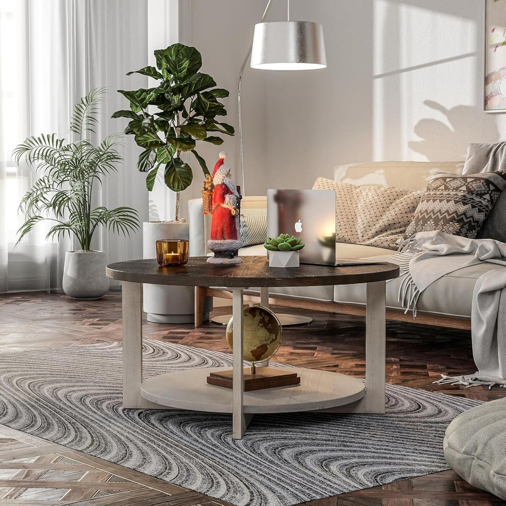 Round Wood Coffee Tables with Storage, Rustic Farmhouse Coffee Table with Distressed Wood Top, Large Circle Table for Living Room, Brown, 32Dx32Wx19.5H in