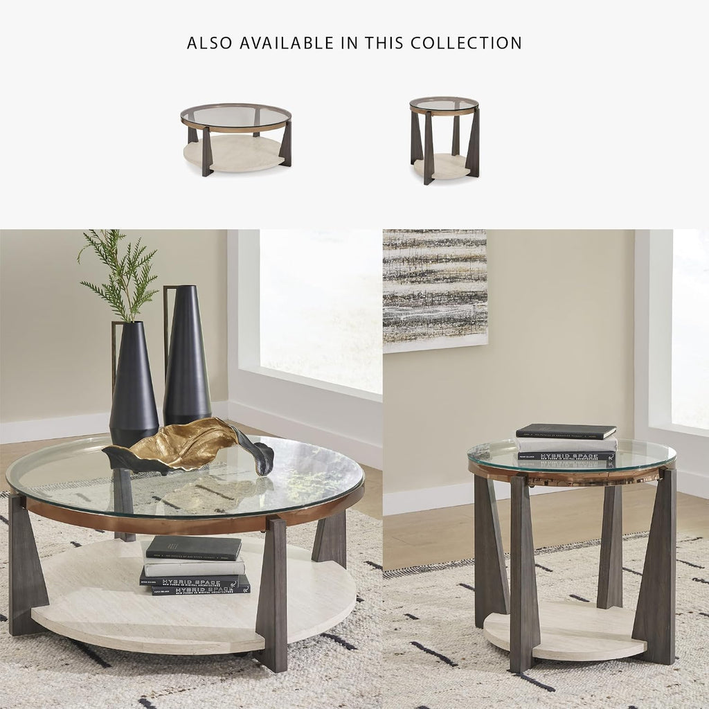 Signature Design by Ashley Frazwa Round Glasstop Coffee Table, Gray/Brown/Gold