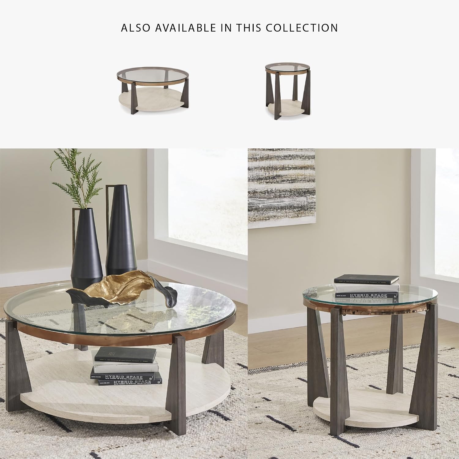 Signature Design by Ashley Frazwa Round Glasstop Coffee Table, Gray/Brown/Gold