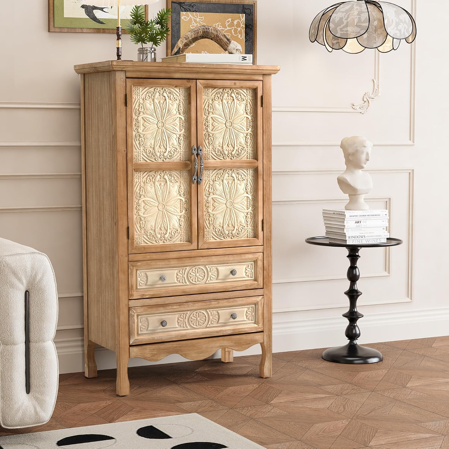 RoyalCraft 48' Tall Accent Cabinet with 2 Carved Doors and 2 Drawers，Vintage Wood Cabinet with Storage, French Country Sideboard Buffet for Small Spaces, Dining Room, Living Room & Entryway