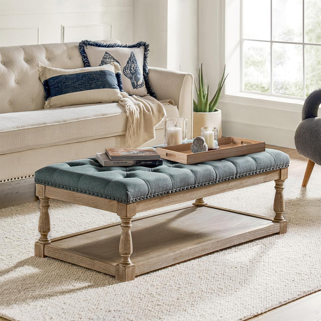 HULALA HOME Rectangle Ottoman Coffee Table with Tray, Tufted Living Room Ottoman with Solid Wood Storage Shelf, Blue