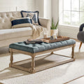 HULALA HOME Rectangle Ottoman Coffee Table with Tray, Tufted Living Room Ottoman with Solid Wood Storage Shelf, Blue
