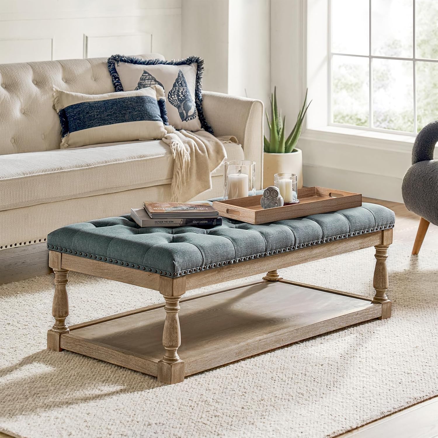 HULALA HOME Rectangle Ottoman Coffee Table with Tray, Tufted Living Room Ottoman with Solid Wood Storage Shelf, Blue