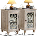 Joaxswe Narrow Side Table with Charging Station Set of 2, Night Stand with Glass Door,Bedside End Tables with Adjustable Shelf Storage Cabinet,Wood Nightstand for Small Spaces Living Room Bedroom
