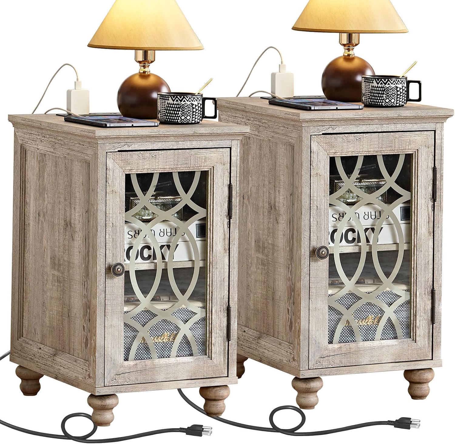 Joaxswe Narrow Side Table with Charging Station Set of 2, Night Stand with Glass Door,Bedside End Tables with Adjustable Shelf Storage Cabinet,Wood Nightstand for Small Spaces Living Room Bedroom