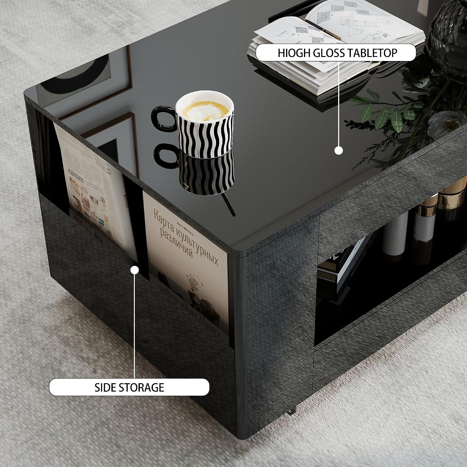 Glossy Coffee Table with Open Shelf Storage - High Gloss Modern Cocktail Table for Living Room, Bedroom, Office
