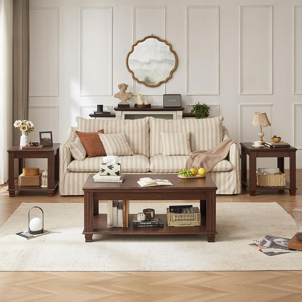 SAVOR LIFE Farmhouse Coffee Tables for Living Room,Square Living Room Tables with Open Storage Shelf,Large Modern Coffee Table,Rustic Brown Center Table,Walnut