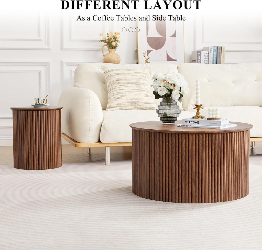 Fluted Round Nesting Coffee Table Set of 2, Mid Century Modern Wood Coffee Table and End Table Set, Minimalist Center Tables Circle Side Table for Living Room, Office(Walnut)