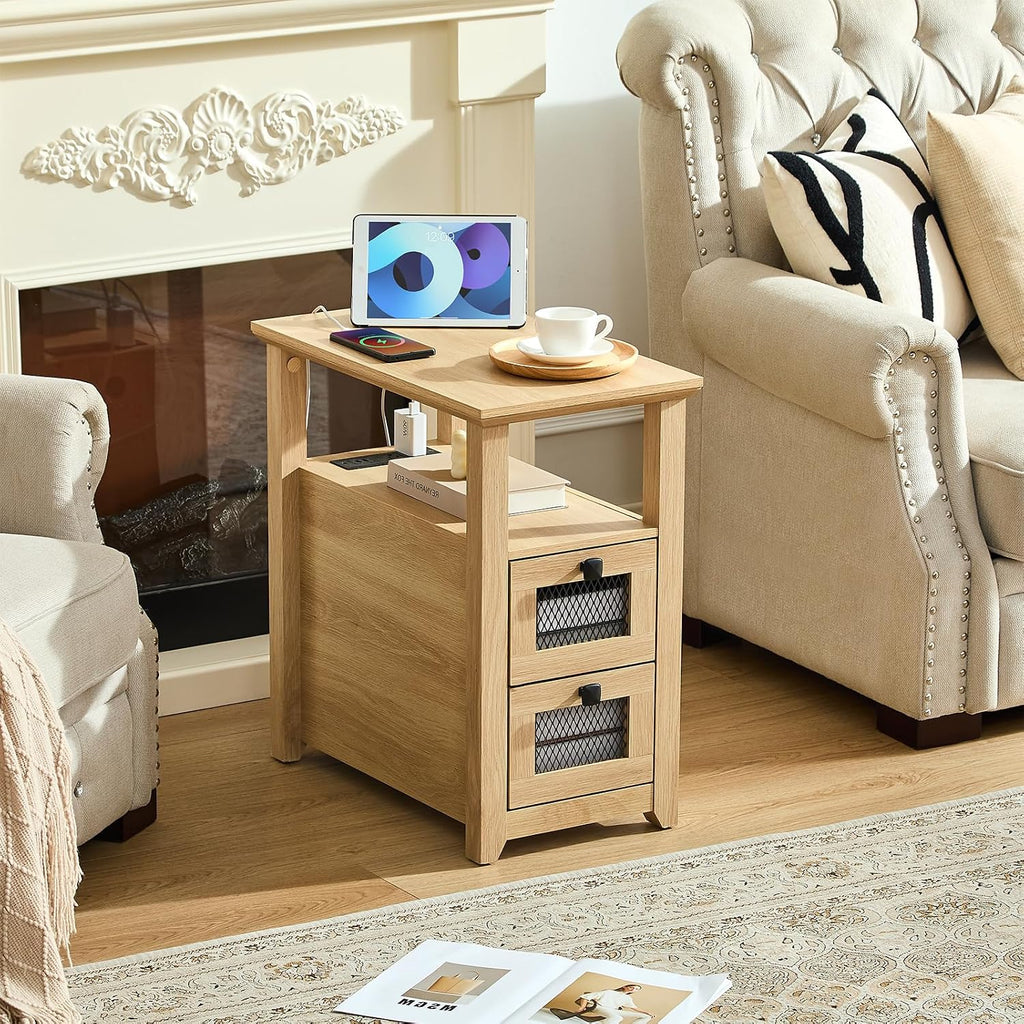 HDDDZSW Farmhouse XXL End Table with Charging Station, Narrow Side Table with USB Ports and Outlets, Nightstand with 2 Drawers Storage, Bedside Tables for Living Room, Bedroom, Wooden Color