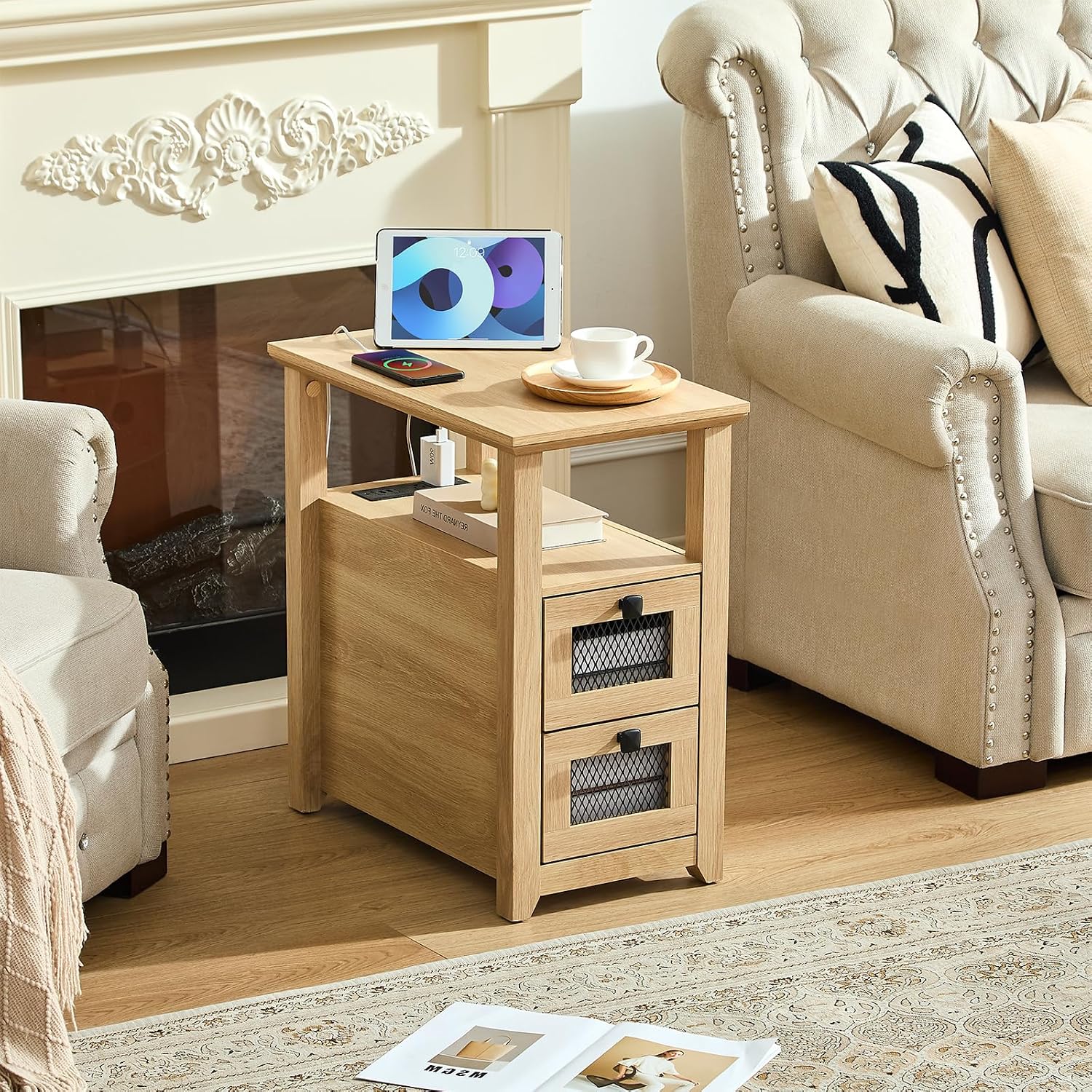 HDDDZSW Farmhouse XXL End Table with Charging Station, Narrow Side Table with USB Ports and Outlets, Nightstand with 2 Drawers Storage, Bedside Tables for Living Room, Bedroom, Wooden Color