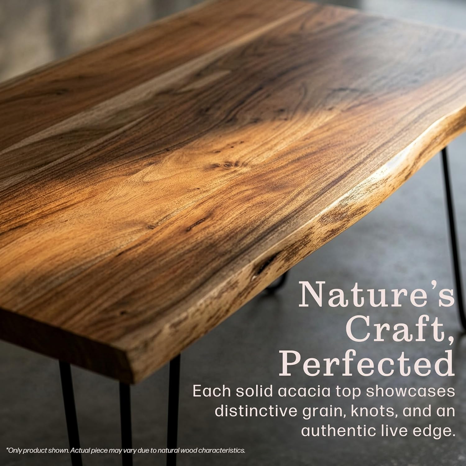 Alaterre Furniture Live Edge Wood Coffee Table with Hairpin Metal Legs – Rustic Modern Farmhouse Living Room Table with Acacia Wood Top (42 Inch)