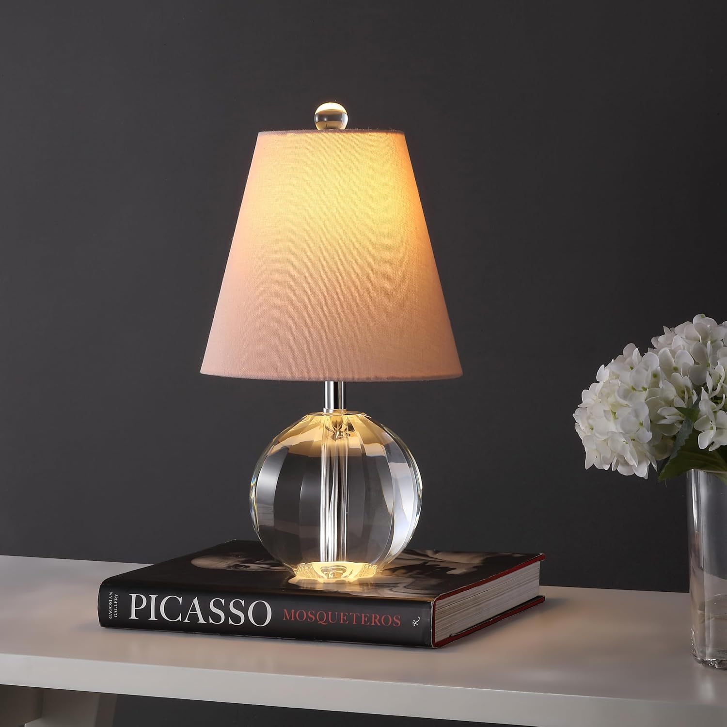 JONATHAN Y 16' Clear/Pink Crystal Ball LED Table Lamp, White Modern Bedside Lamp, with White Linen Empire Shade, Glam Orb Glass Nightstand Lamp for Living Room, LED Bulb (JYL2079C)