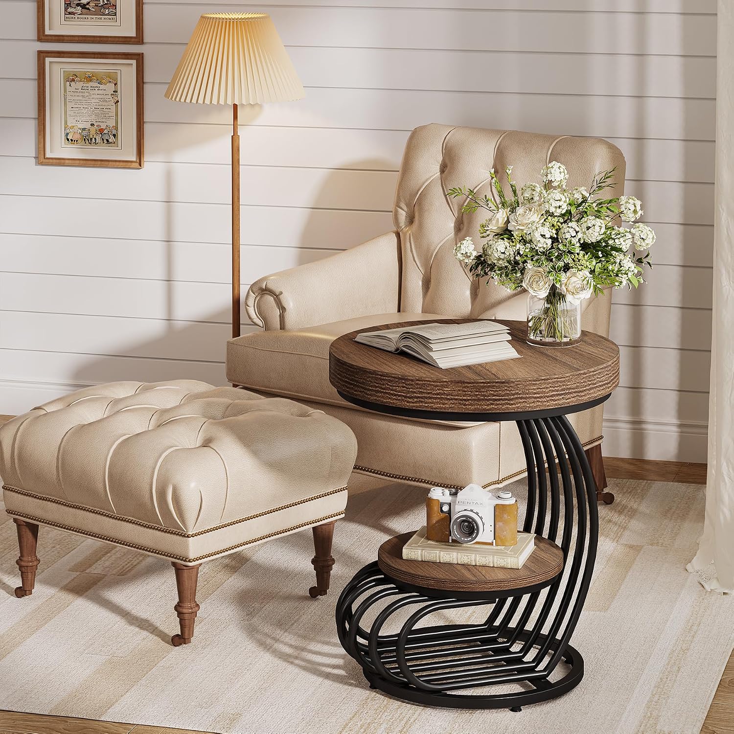 Tribesigns Round End Table, 2-Tier Farmhose Wood Side Table with Shelf Storage, Small Sofa Side Bedside Nightstand, Arc-Shaped Frame Accent Furniture for Living Room, Light Brown