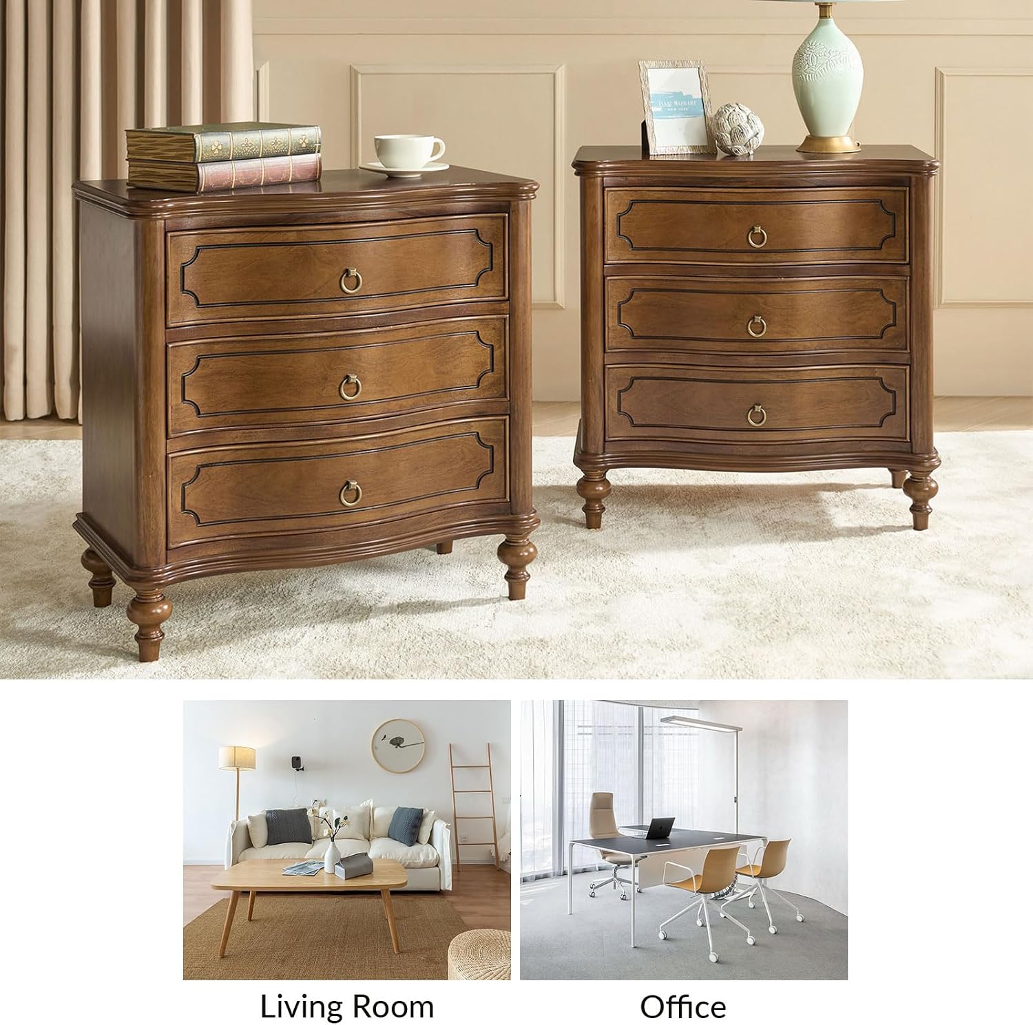 HULALA HOME Traditional Side Table with 3 Drawers, Tall Side Table with Curved Front Profle Desgin, Charging Station, Solid Wood Legs, SEADRIFT