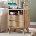 T4TREAM Fluted Nightstand with Charging Station, 18' Modern Side Table with Faux Marble Top, 2 Drawers End Table w/Storage, Bedside Table for Bedroom, Living Room, Curved Profile Design, Natural Oak