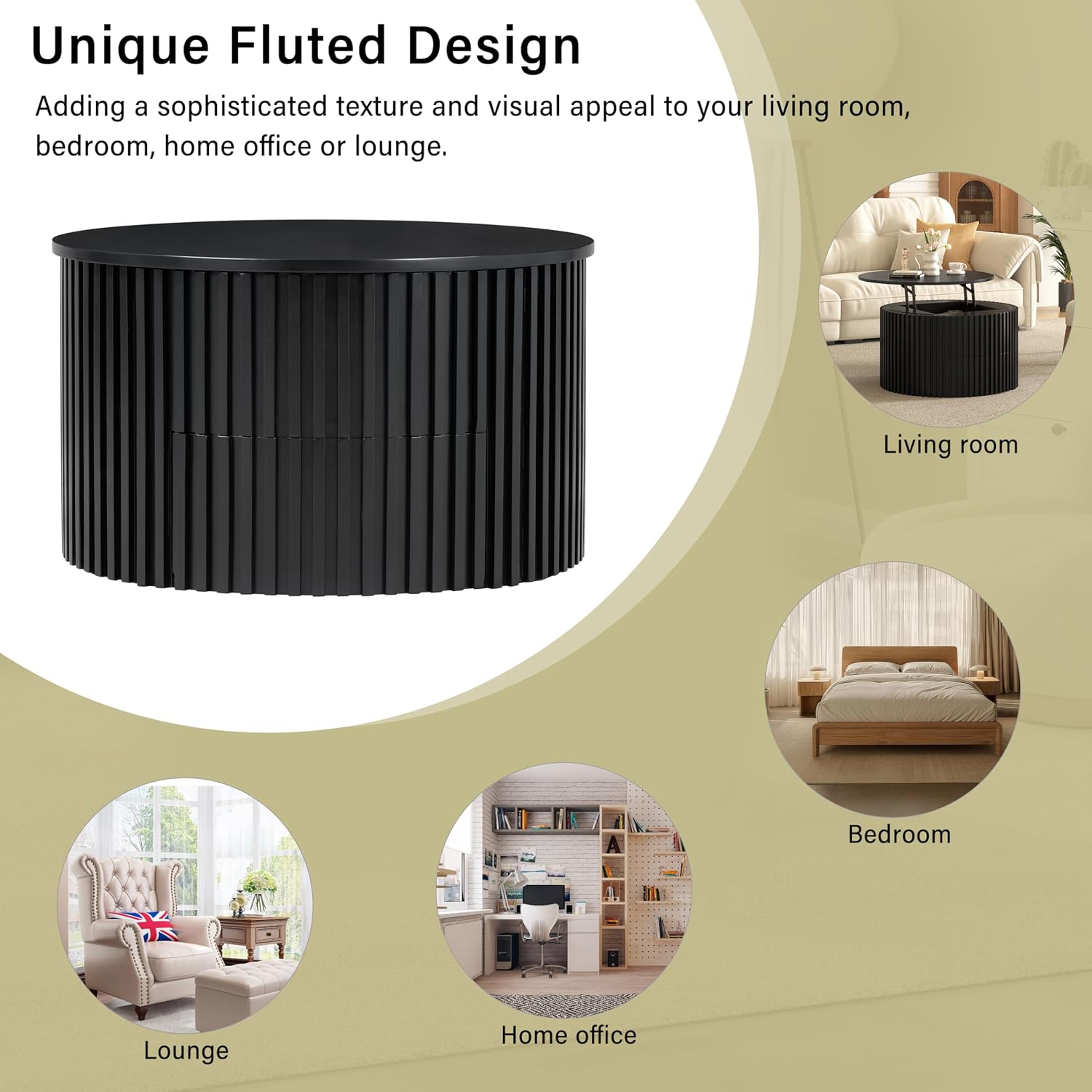 Round Lift Top Coffee Table, 29.8' Modern Fluted Wood Circle Table with Hidden Storage Drawer, Black Solid Wood & MDF Cylinder Side Table for Living Room Bedroom Small Space