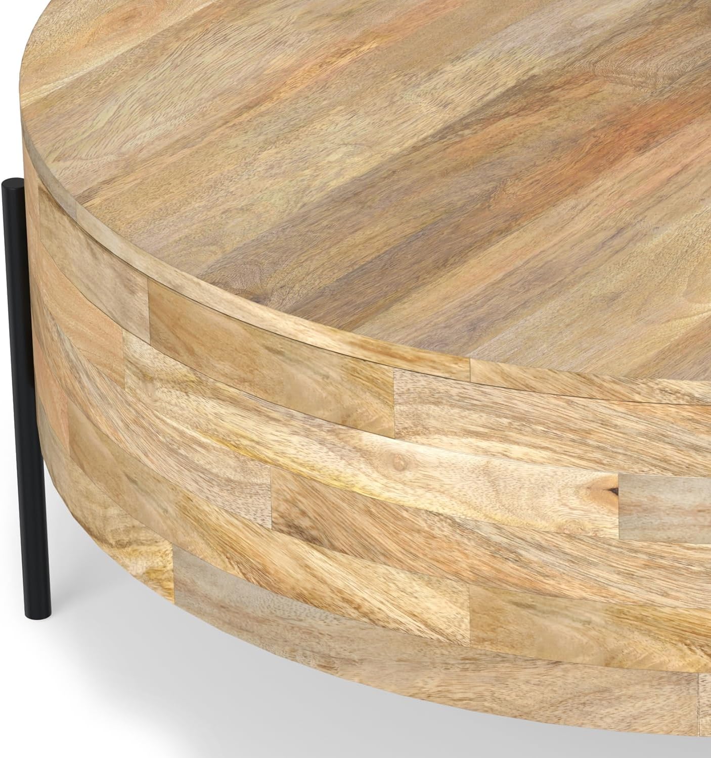SIMPLIHOME Rayburn Drum Coffee Table - 38 inch Wide Solid Mango Wood Round Living Room Table in Natural, Modern Industrial Center Table for Family Room with Black Metal Legs and Large Surface