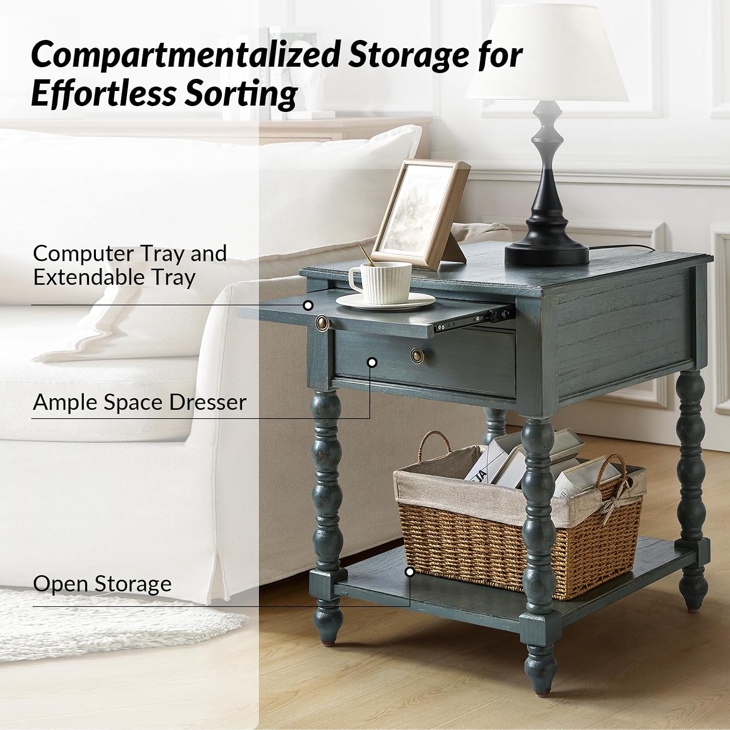 HULALA HOME Spindle Nightstands with Charging Station, Solid Wood Nightstand with Drawer Shelf, Side Table with Pull-Out Shelf (1, Blue)