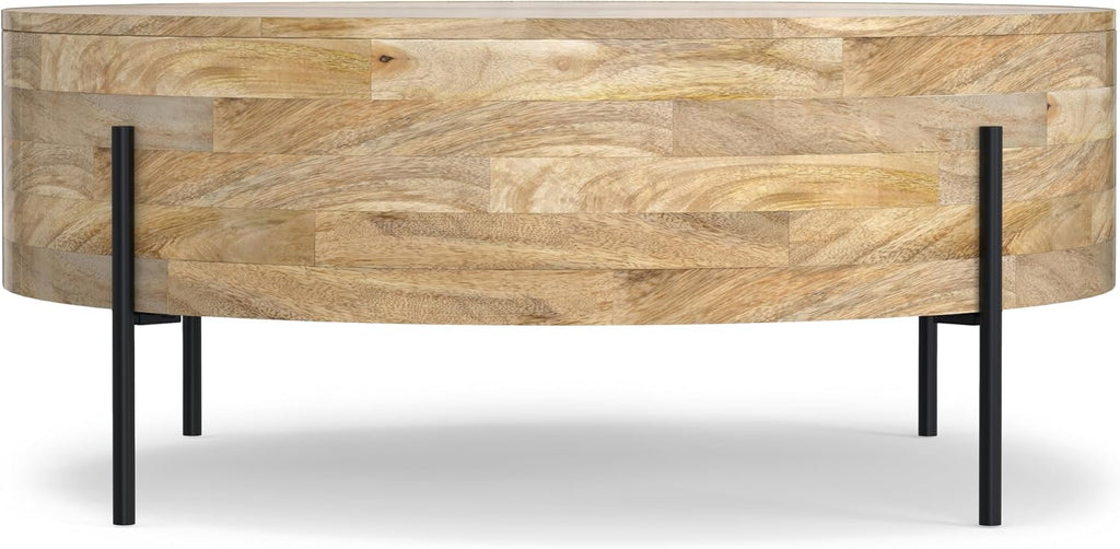 SIMPLIHOME Rayburn Drum Coffee Table - 38 inch Wide Solid Mango Wood Round Living Room Table in Natural, Modern Industrial Center Table for Family Room with Black Metal Legs and Large Surface