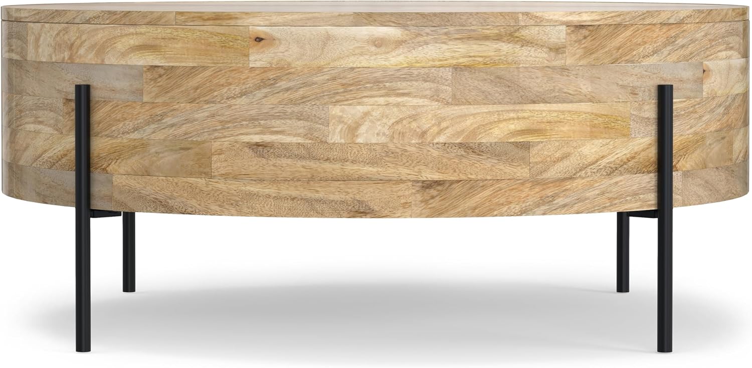 SIMPLIHOME Rayburn Drum Coffee Table - 38 inch Wide Solid Mango Wood Round Living Room Table in Natural, Modern Industrial Center Table for Family Room with Black Metal Legs and Large Surface