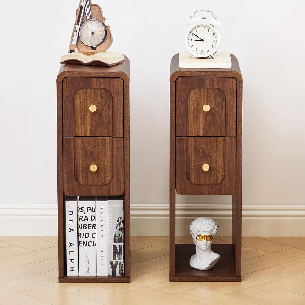 Small Nightstand Set of 2, Wooden Narrow Nightstands with 2 Drawers, Vintage Side End Table for Small Spaces, Skinny Night Stand, Bedside Table for Bedroom, Living Room (Walnut-2PCS)