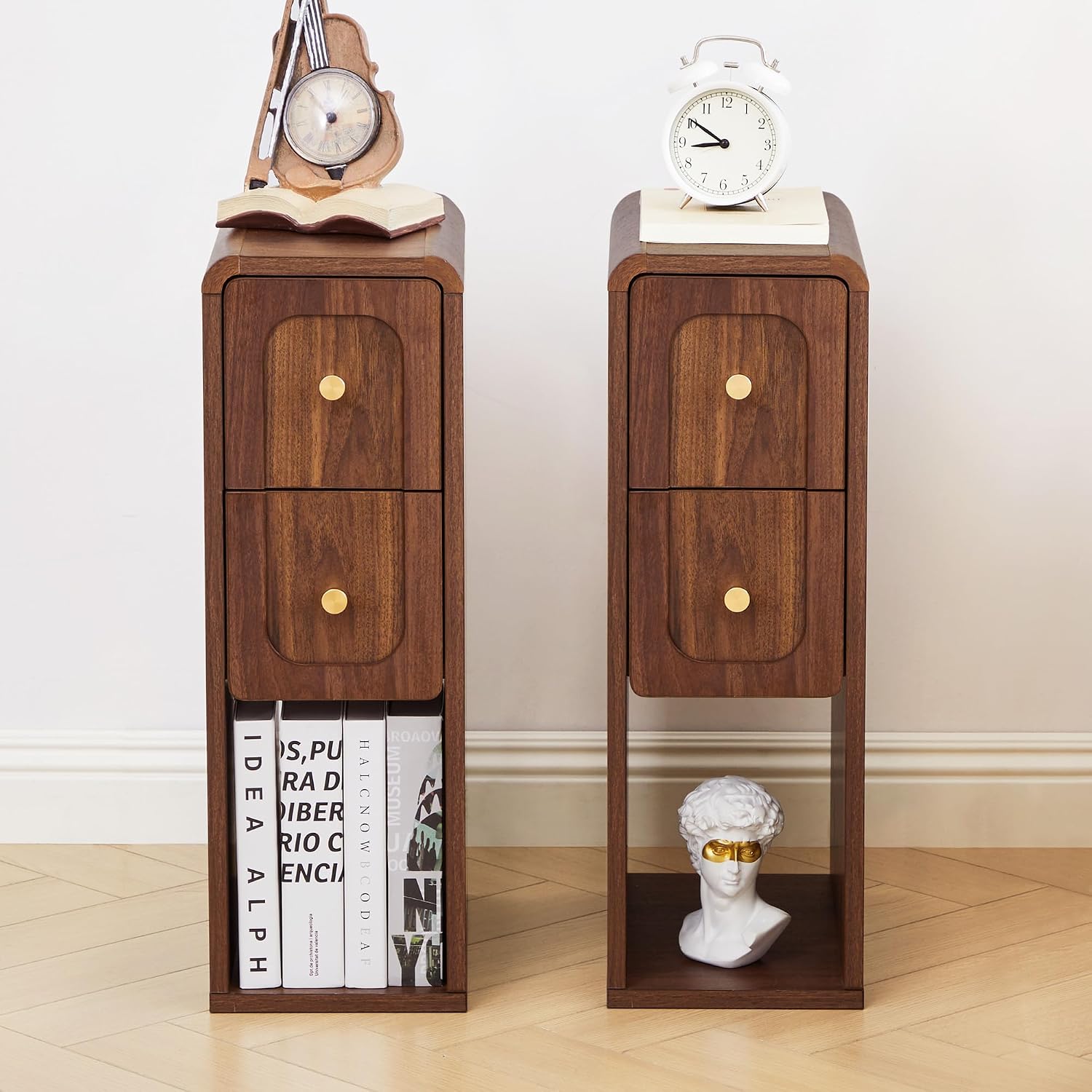 Small Nightstand Set of 2, Wooden Narrow Nightstands with 2 Drawers, Vintage Side End Table for Small Spaces, Skinny Night Stand, Bedside Table for Bedroom, Living Room (Walnut-2PCS)