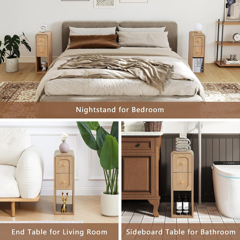 Small Nightstand Set of 2, Wooden Narrow Nightstands with 2 Drawers, Vintage Side End Table for Small Spaces, Skinny Night Stand, Bedside Table for Bedroom, Living Room (Natural-2PCS)