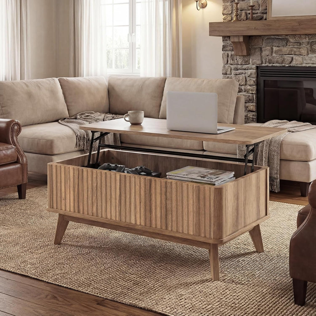 Giantex Lift Top Coffee Table with Storage, 35.5' Mid Century Modern Center Table with Solid Wood Leg & Hidden Compartment, Minimalist Fluted Living Room Table for Home Office, Oak
