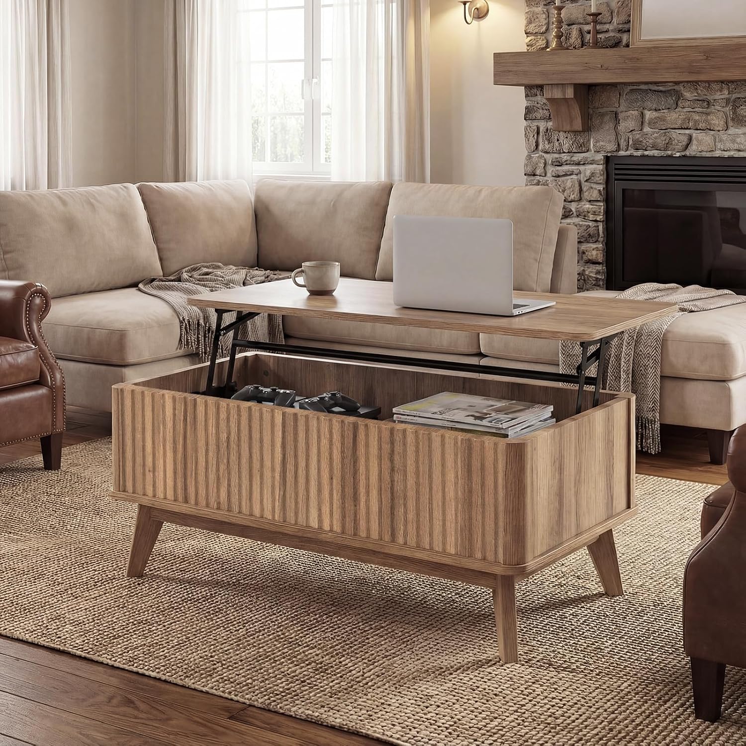 Giantex Lift Top Coffee Table with Storage, 35.5' Mid Century Modern Center Table with Solid Wood Leg & Hidden Compartment, Minimalist Fluted Living Room Table for Home Office, Oak