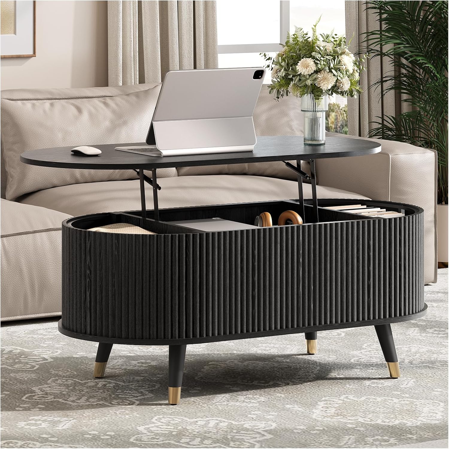 Oval Lift Top Coffee Table with Storage, 42.5' Fluted Coffee Table with Lifting Top & Solid Wood Legs, Mid Century Modern Center Table for Living Room, Home Office, Black
